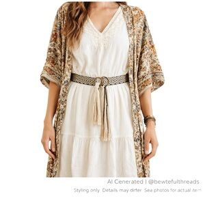 Boho Woven Tassel Belt 47” Brown Cream Double O-Ring Festival Waist Tie